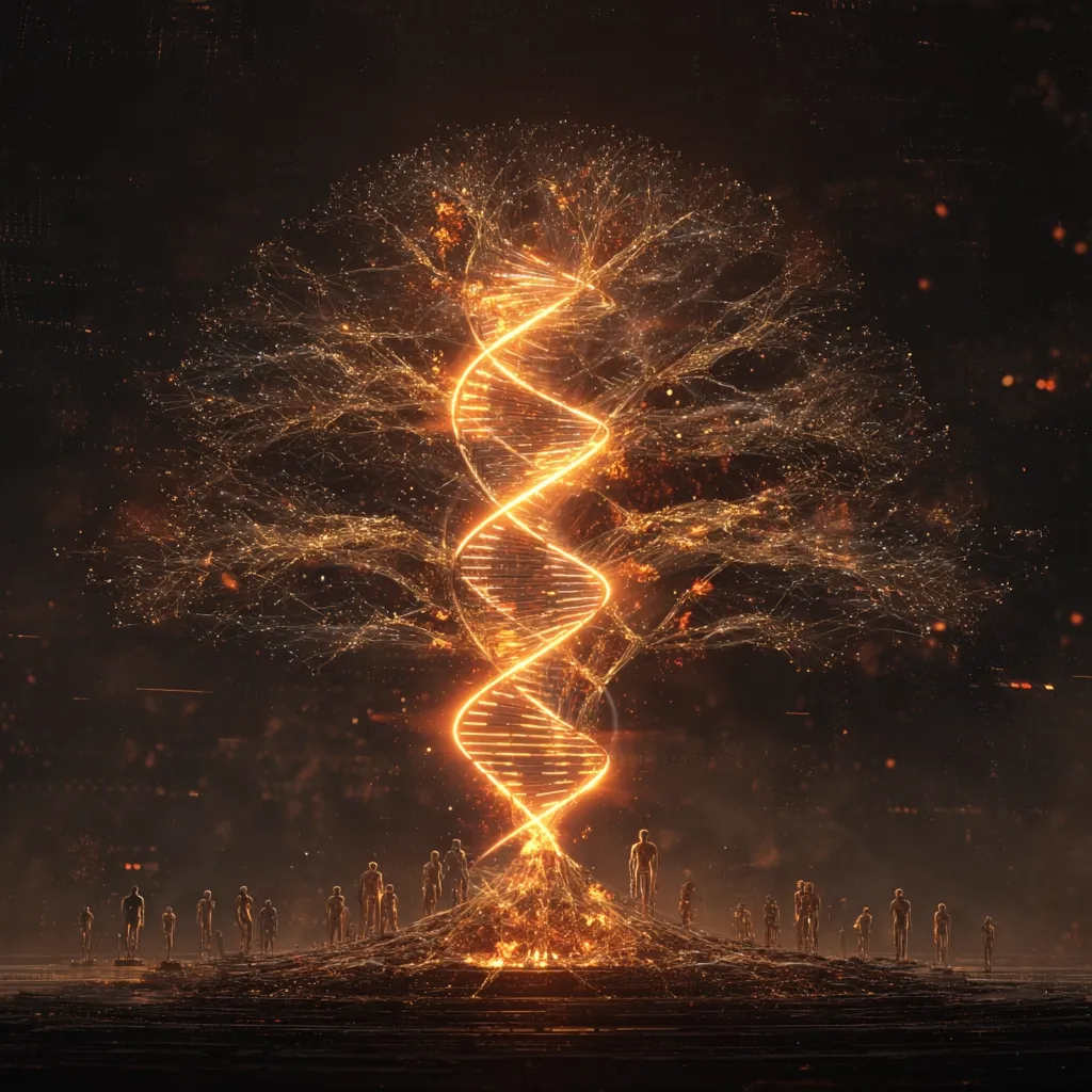 A fiery, luminous DNA helix rises from a burning base, resembling a tree of life.  Intricate, golden branches extend outwards, creating an ethereal glow against a dark backdrop.  Silhouetted figures stand at the base, seemingly observing this magnificent, burning genesis of life, creating a powerful visual metaphor for origins and creation.