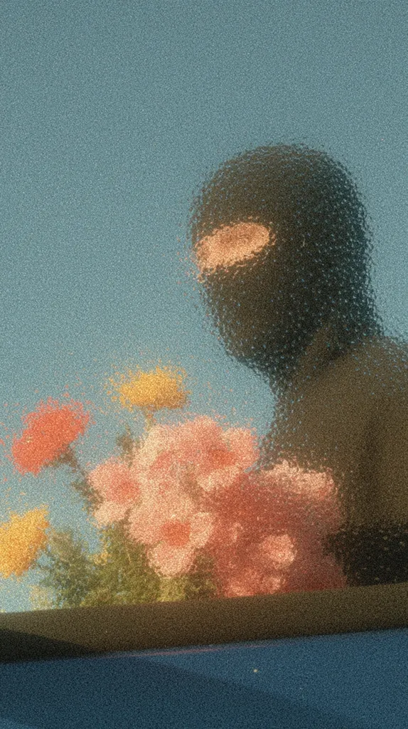 A person wearing a black balaclava is seen through a textured surface, holding a bouquet of pink, orange, and yellow flowers. The background is a clear, light blue sky.  The image has a hazy, dreamlike quality due to the textured filter or surface obscuring the view. The overall aesthetic is muted and somewhat mysterious.