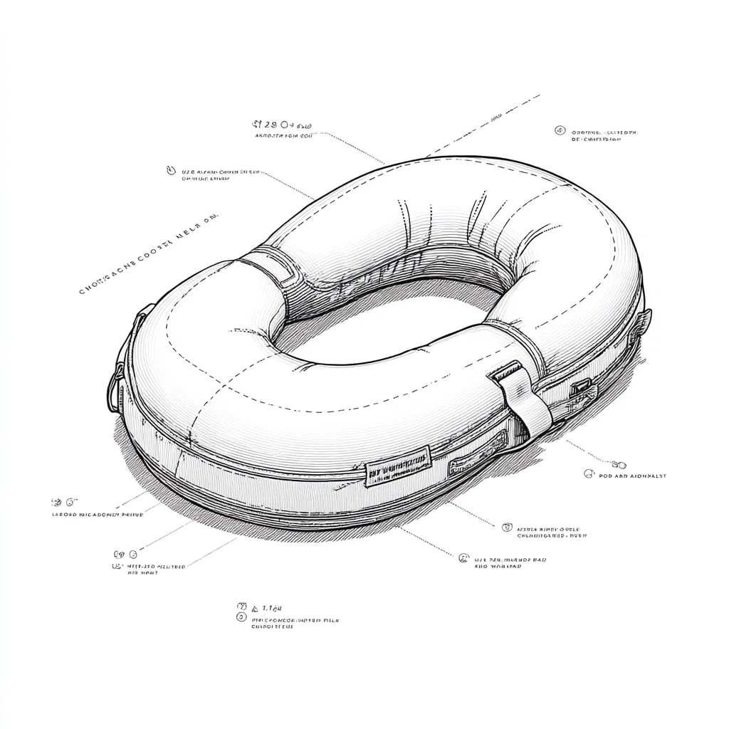 A detailed line drawing showcases a CHONKS ACNE COOSTI MELR ON inflatable neck support.  The illustration provides a technical perspective, highlighting various components such as the outer shell, inner fill, and attachment points.  Labels annotate specific features and dimensions, offering a comprehensive view of the product's design and construction.  The style is precise and mechanical, emphasizing the item's functionality.