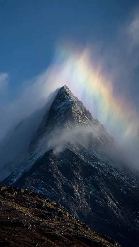 A majestic mountain peak, partially shrouded in mist, is dramatically illuminated by a rare cloud iridescence.  The ethereal rainbow effect, a phenomenon of light diffraction, creates a vibrant, almost otherworldly scene.  The rugged, dark mountainside contrasts beautifully with the soft, pastel hues of the iridescent cloud.  The image evokes a sense of awe and the power of nature.