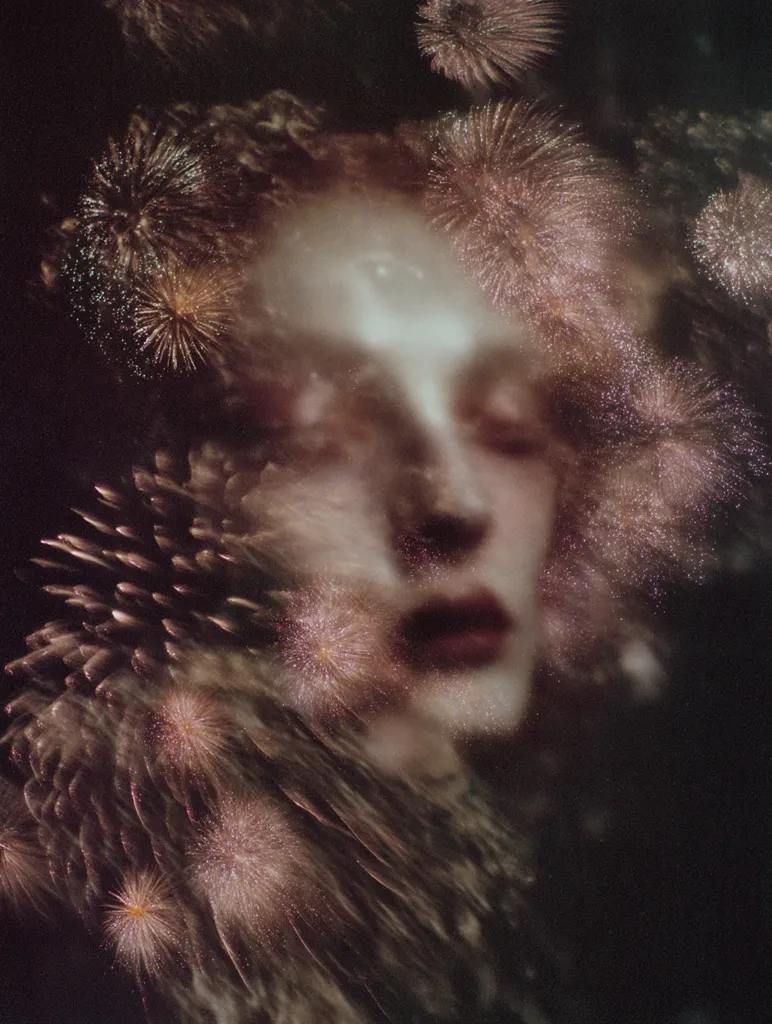 A surreal image blends a woman's face with vibrant fireworks.  Her features are softly blurred, ethereal, almost ghostly, merging seamlessly with the exploding bursts of light and color. The overall effect is dreamy and mysterious, evoking a sense of wonder and fleeting beauty.  Dark tones emphasize the contrast between the face and the bright pyrotechnics, creating a captivating visual juxtaposition.