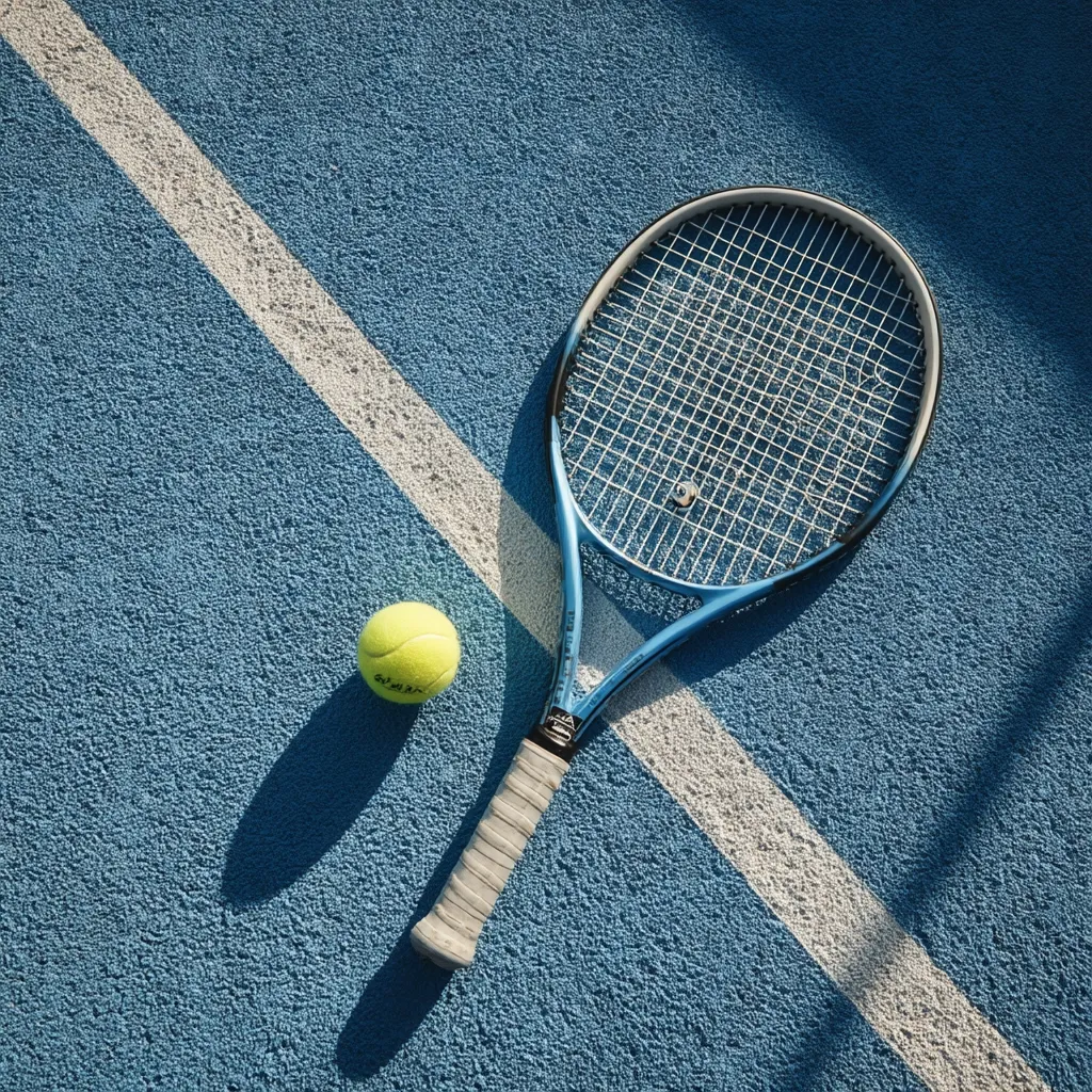 A tennis racket and ball rest on a blue tennis court, positioned along a white line.  The sun casts a shadow, highlighting the texture of the court. The racket is blue and grey, the ball bright yellow.  The scene suggests readiness for a game or a moment of quiet contemplation on the court.
