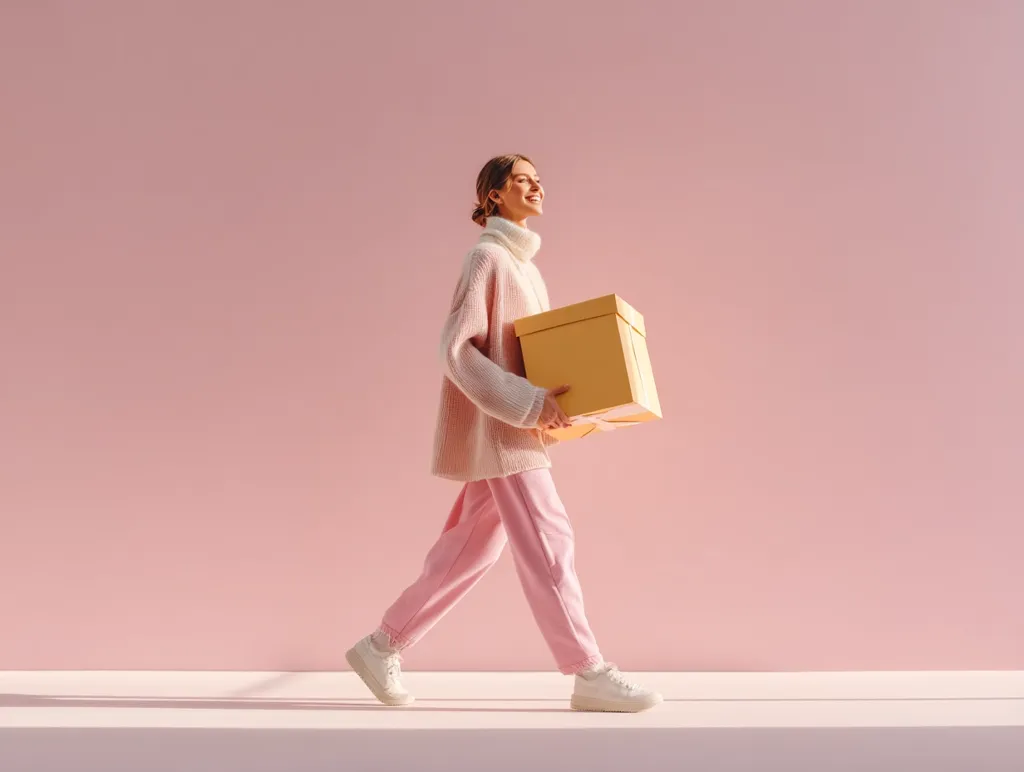 A young woman, dressed in a pale pink sweater and pants, walks towards the right side of the frame.  She carries a large, light brown gift box, smiling contentedly. The backdrop is a solid, soft pink.  The overall aesthetic is minimalist and cheerful, suggesting a feeling of excitement and anticipation. The scene is brightly lit, with sunlight casting shadows.