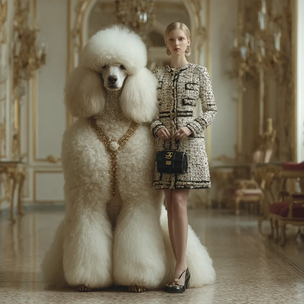 A blonde woman in a tweed Chanel dress stands beside a large, white standard poodle adorned with a gold necklace.  The setting is an opulent, classical interior with marble floors and gilded furniture. The woman carries a small black Chanel handbag.  The image evokes a sense of elegance and luxury.
