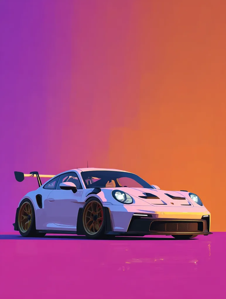 A stylized illustration of a white Porsche 911 GT3 RS sits on a vibrant purple surface against a gradient background of purple and orange. The car is depicted in a slightly angled three-quarter view, showcasing its aerodynamic features and gold-colored rims. The image has a digital art style, with smooth lines and bold colors creating a striking visual effect. The overall aesthetic is modern and sleek.