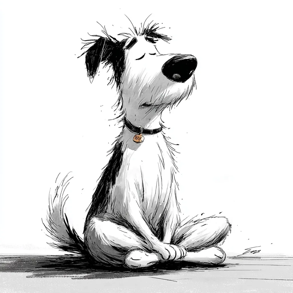 A black and white illustration of a scruffy dog sitting with its legs tucked beneath it.  The dog has a slightly melancholic expression and is wearing a collar with a tag. Its fur is depicted with loose, expressive strokes, conveying a sense of texture and movement. The style is loose and expressive, reminiscent of a sketch or cartoon. The dog appears contemplative, gazing upwards.