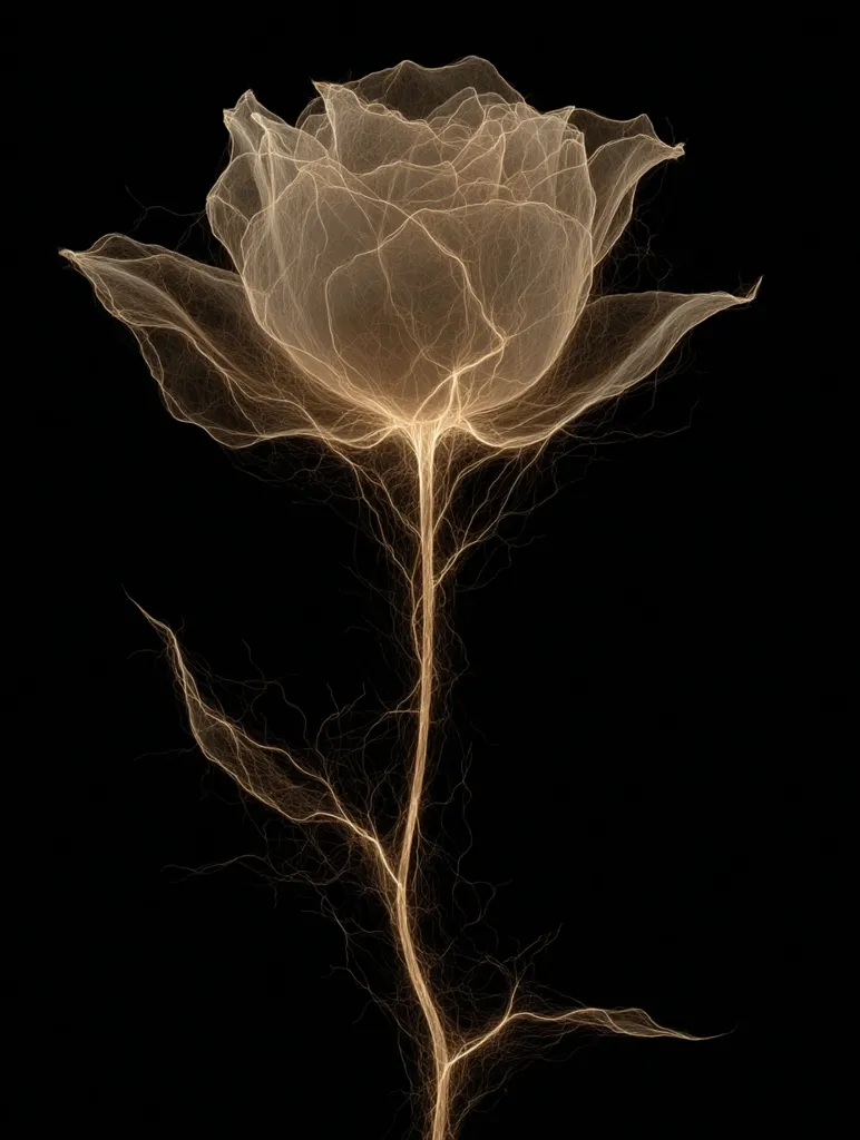 A rose is depicted in a stylized, ethereal manner.  Its petals and stem are rendered as delicate, glowing lines of light against a black background, giving the impression of energy or electricity flowing through the flower.  The overall effect is one of delicate beauty and otherworldly grace.  The warm, golden hue adds to the mystical feel.