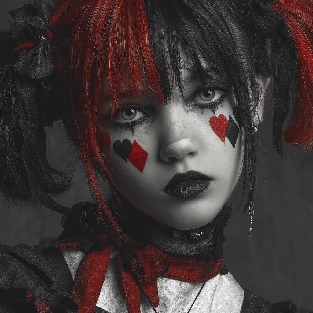 A close-up portrait of a girl with half red and half black hair styled in pigtails.  Her face is mostly monochrome, except for red and black playing card symbols painted on her cheeks.  She wears dark clothing and a red ribbon around her neck, creating a dramatic, almost gothic, Harlequin-esque aesthetic. Her expression is serious and slightly melancholic.