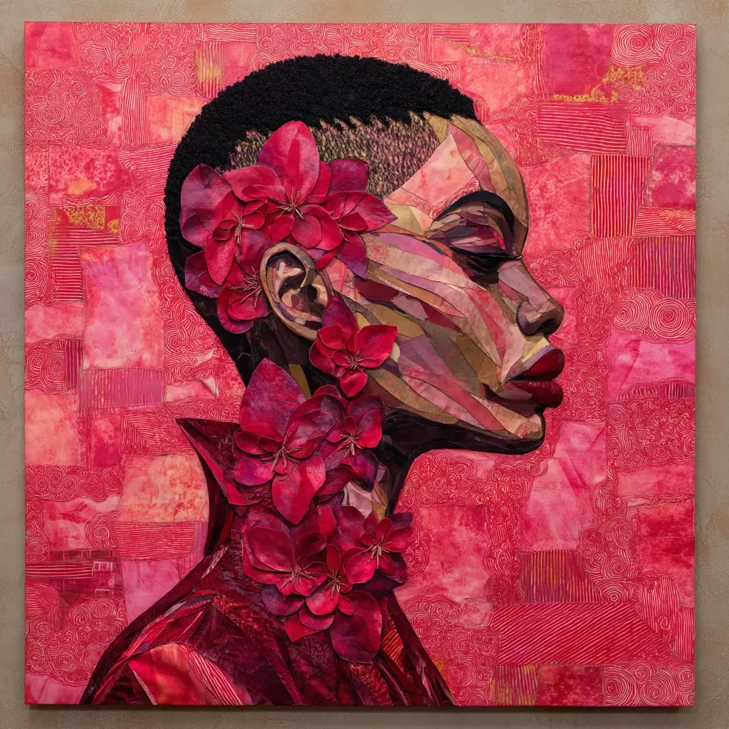 A vibrant portrait, crafted from meticulously arranged fabric and flowers, depicts a woman in profile.  The artist uses a collage technique with varying shades of pink and red, creating a textured background that complements the floral embellishments adorning the subject's hair and neckline.  The woman's serene expression and the rich color palette evoke a sense of beauty and tranquility.