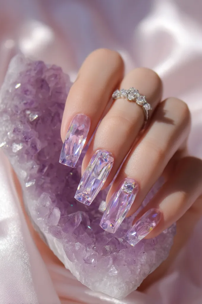 A hand adorned with long, lavender-hued nails featuring a crystalline, iridescent design rests on a purple amethyst geode.  The nails are shaped like rectangular prisms, mimicking the appearance of gemstones.  A delicate diamond ring adds to the luxurious feel of the image, emphasizing the ethereal beauty of the manicure and the overall aesthetic. The soft lighting and silky background enhance the overall dreamy, elegant look.