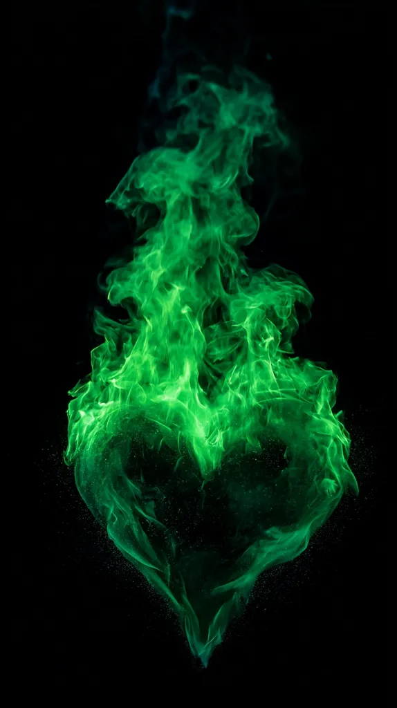 A vibrant green heart-shaped flame dances against a stark black backdrop. The ethereal glow and swirling patterns of the fire create a captivating visual.  The image evokes a sense of mystery and intrigue, with the unusual color adding to its dramatic effect. Tiny sparks are visible around the heart-shaped form, enhancing its otherworldly quality.