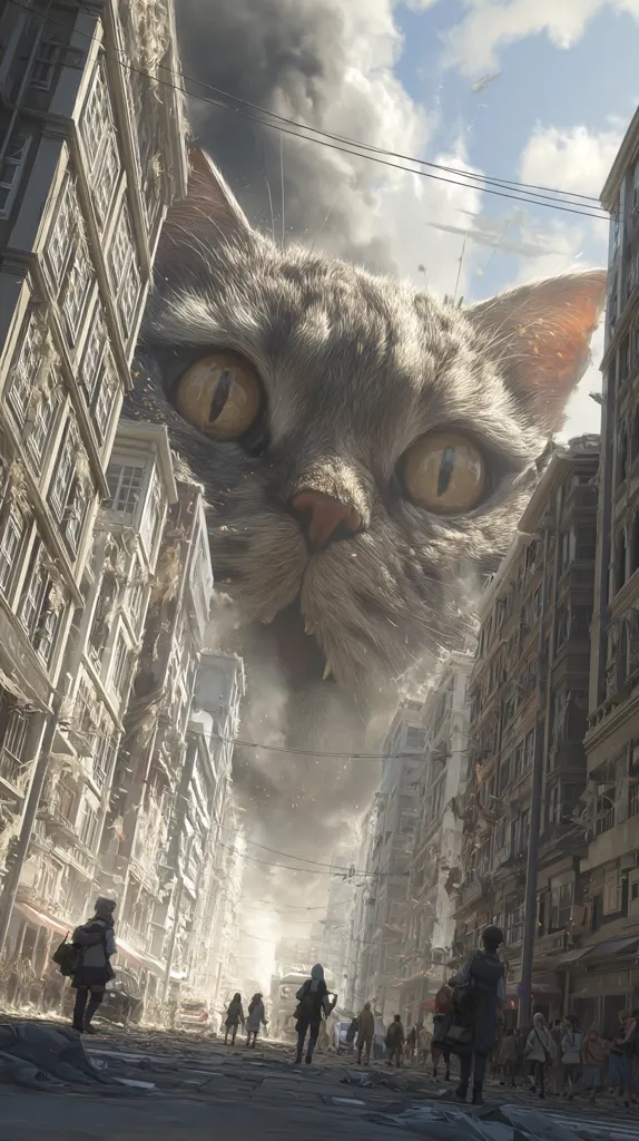 A colossal grey cat looms over a devastated city street, its immense size dwarfing the crumbling buildings.  People, small and insignificant against the feline giant, walk along the street amid rubble and debris. The sky is cloudy, adding to the apocalyptic atmosphere. The cat's expression is one of curious aggression, its gaze fixed on something beyond the viewer. The overall scene is surreal and evokes a sense of impending doom.