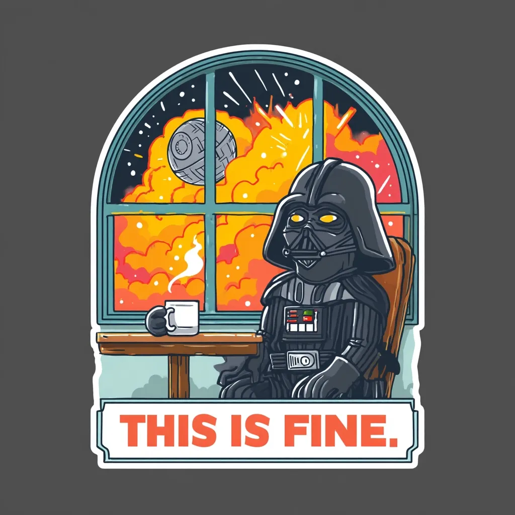 A sticker featuring Darth Vader calmly sipping coffee at a small table.  A large window behind him shows a Death Star exploding in a fiery spectacle.  The text "THIS IS FINE." is displayed at the bottom, creating a humorous juxtaposition of apparent calm amidst chaos.  The style is cartoonish and vibrant, using bold colors and outlines.