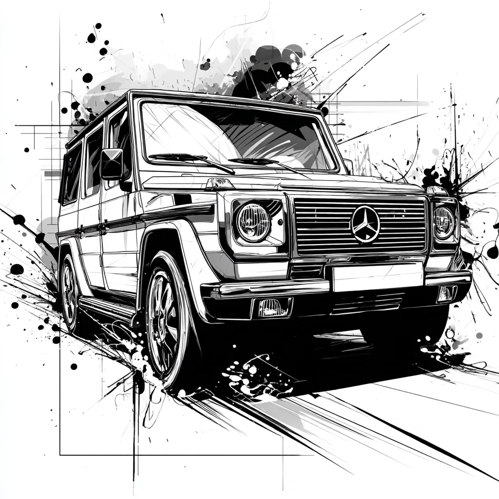 A black and white illustration of a Mercedes-Benz G-Class SUV. The vehicle is depicted in motion, with speed lines and an abstract background of splatters and geometric shapes.  The style is a blend of realism and graphic art, emphasizing the car's powerful presence. The image's stark contrast and dynamic composition create a sense of energy and movement.