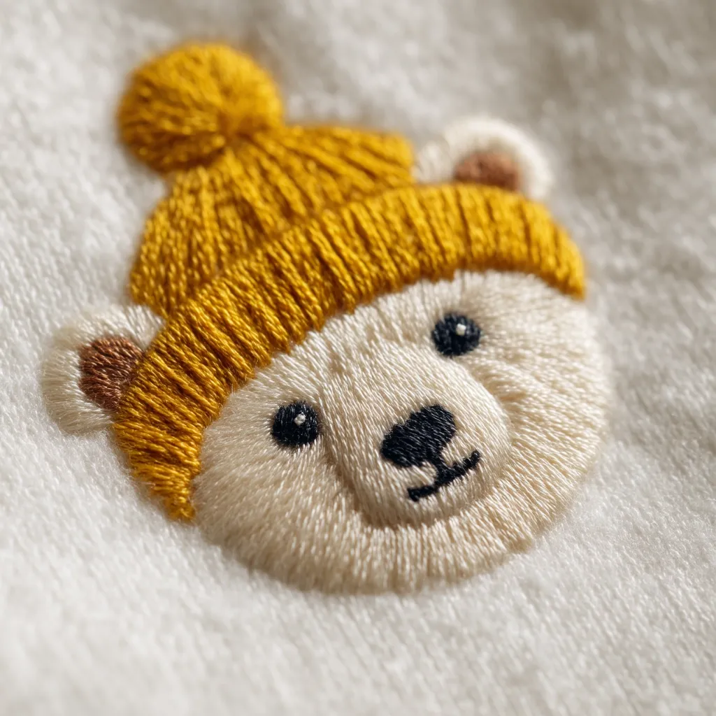 Close-up of an embroidered polar bear wearing a mustard-yellow beanie. The bear's face is meticulously stitched with cream-colored thread, featuring small black eyes and a tiny nose. The beanie is detailed with textured stitching, mimicking a knit fabric. The embroidery is on a cream-colored, textured fabric, possibly a towel or garment. The image focuses on the charming detail of the handmade design.