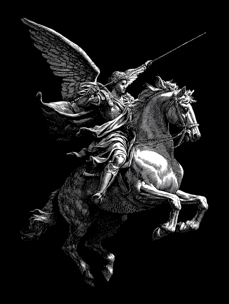 A dramatic black and white illustration depicts an angel, winged and armored, astride a powerful horse.  The angel wields a long spear, its form rendered in intricate detail with strong contrasts of light and shadow. The composition is dynamic, capturing the angel and horse mid-leap, suggesting movement and power. The background is solid black, enhancing the image's stark beauty.