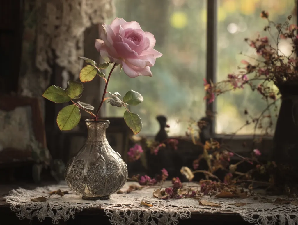 A single, delicate pink rose graces a silver, ornate vase.  The vase sits on a lace-covered table near a window, with dried flowers and other rustic elements in the background. Soft, natural light filters through the window, creating a serene and nostalgic atmosphere. The scene evokes a sense of quiet beauty and gentle decay.
