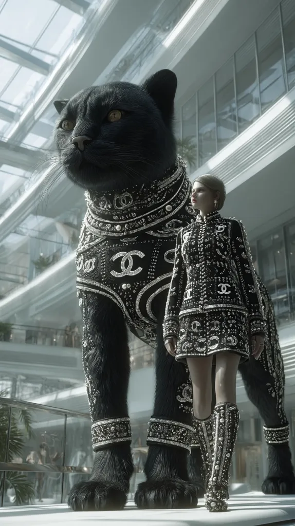 A black panther, adorned in a lavish Chanel-inspired harness, stands majestically in a modern glass building.  Beside it, a model in a similarly styled, embellished Chanel outfit poses, her high boots mirroring the panther's luxurious attire. The image contrasts the wildness of the animal with the sophistication of high fashion in a striking, surreal setting.