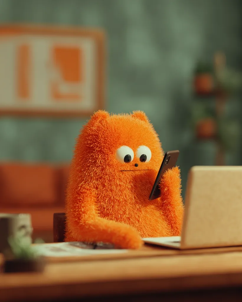 A fluffy orange creature sits at a wooden desk, engrossed in its smartphone.  A laptop rests on the desk beside it. The creature has large, expressive eyes and a serious expression.  The background is blurred, showing a muted green wall and a hint of a living room setting. The overall mood is calm and slightly humorous.