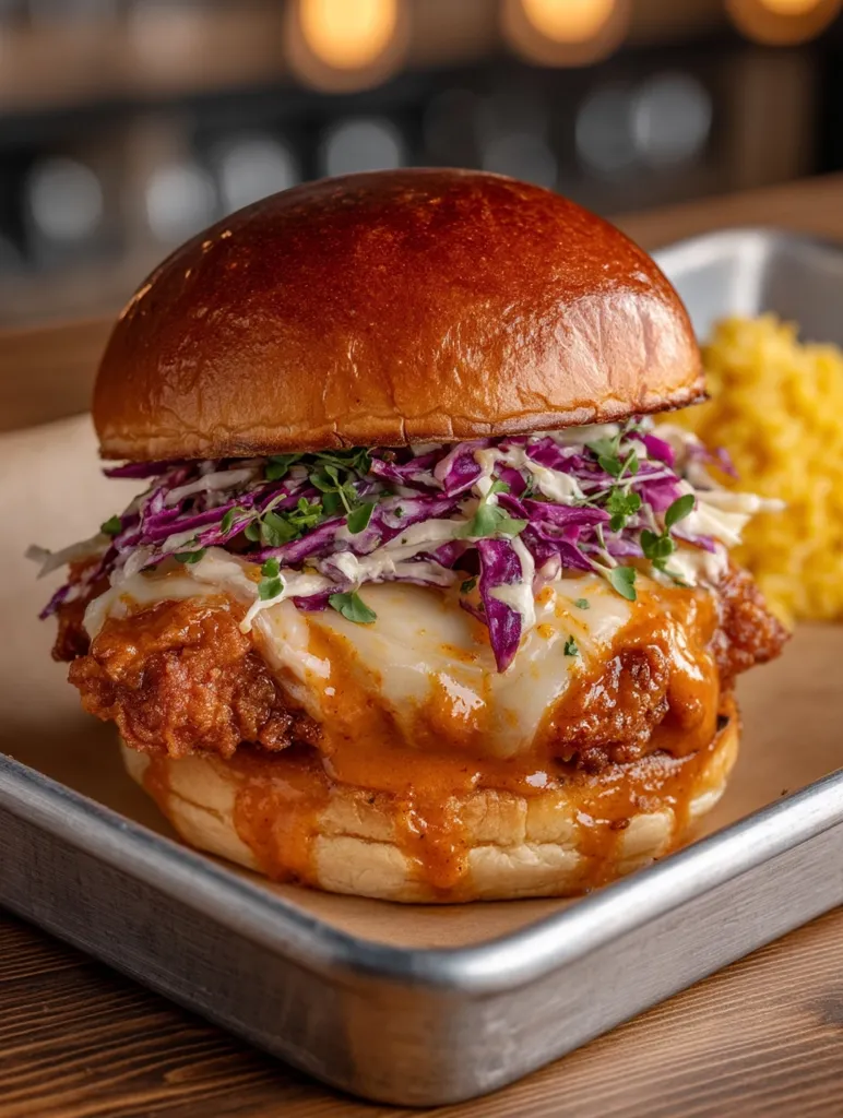 A mouthwatering crispy fried chicken sandwich is presented on a rustic tray.  The golden-brown bun cradles juicy chicken, melted cheese, and a vibrant purple slaw.  A tangy, orange sauce drizzles down the sides, adding to its appetizing appearance.  A side of what appears to be yellow rice is partially visible in the background. The overall presentation is visually appealing, highlighting the textures and colors of the dish.