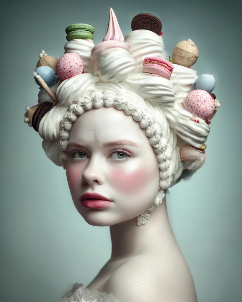 A young woman with pale skin and rosy cheeks wears an extravagant confectionery headpiece.  The elaborate structure is composed of meringue, macarons, cookies, and other sweets, styled in a manner reminiscent of a 18th-century wig. The overall effect is surreal and captivating, blending elements of high fashion and whimsical fantasy.  Her expression is serene and slightly melancholic.