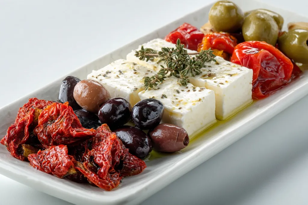 A rectangular white platter displays a vibrant Mediterranean mezze.  Featured are cubes of feta cheese, adorned with fresh thyme, alongside sun-dried tomatoes, Kalamata olives, green olives, and roasted red peppers. The arrangement is visually appealing, showcasing a variety of colors and textures.  The overall impression is one of freshness and delicious simplicity.