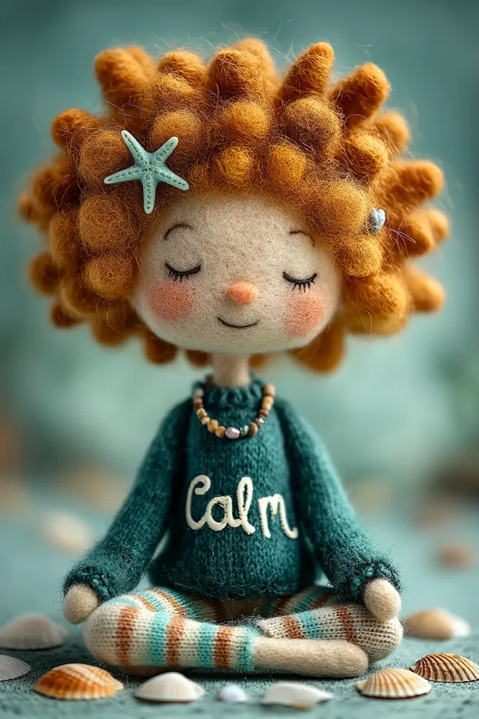 A charming needle-felted doll sits serenely in a lotus position.  Her curly auburn hair is adorned with a small starfish.  She wears a teal sweater with "Calm" embroidered on the front and striped pants. The peaceful scene is accented by seashells surrounding the doll, creating a tranquil and whimsical atmosphere.