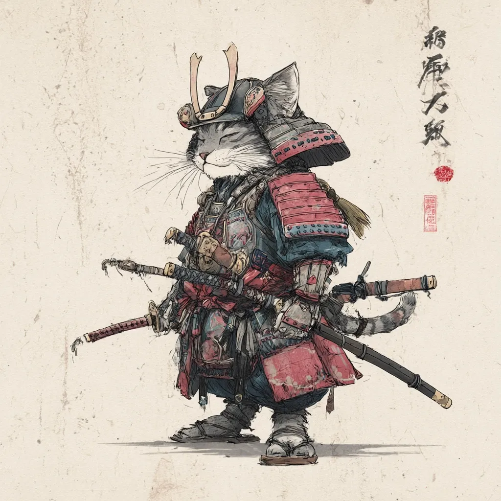 A gray tabby cat is depicted as a samurai warrior, wearing a weathered red and blue armor set complete with a helmet and swords.  The cat appears serene, its expression calm despite its battle attire.  The artwork is rendered in a style reminiscent of traditional Japanese ink wash painting, with textured backgrounds and subtle shading.  Japanese characters are visible in the upper right corner.