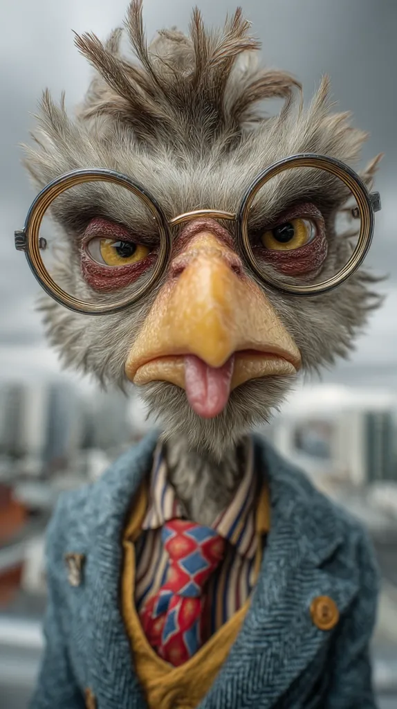A close-up shot of a stylized bird, seemingly an ostrich, wearing round glasses and a tweed jacket.  Its expression is grumpy, its tongue sticking out slightly. The bird's feathers are meticulously detailed, and it sports a patterned tie and vest underneath its jacket. The background is blurred, showing an urban setting. The overall image is highly realistic and detailed, exhibiting a blend of animal and human characteristics.