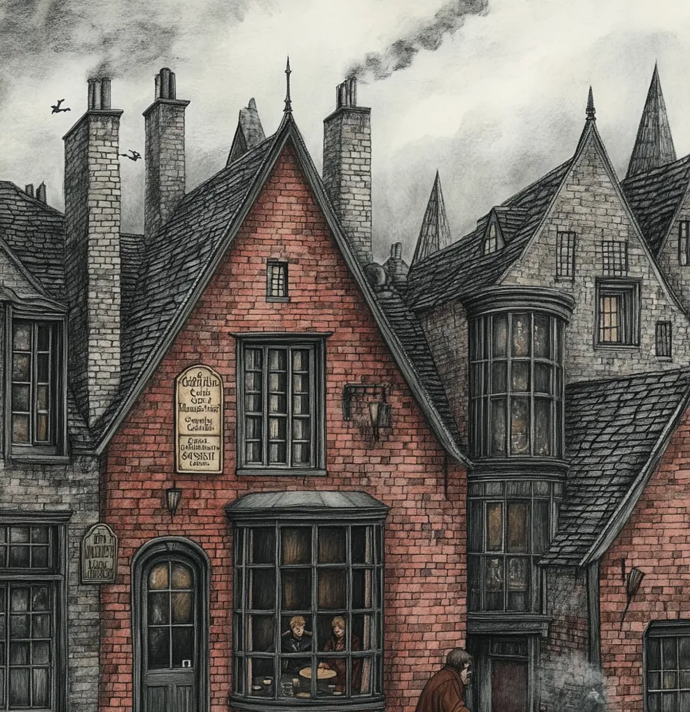 A detailed illustration depicts a quaint, brick building, possibly a pub or inn, on a gloomy day.  The architecture is reminiscent of old England, with multiple chimneys, gabled roofs, and bay windows.  A sign hangs on the building, listing various services, while figures are visible inside a window, seemingly enjoying a meal or conversation.  The overall atmosphere is dark and somewhat mysterious.  The style suggests a whimsical or fantasy setting.