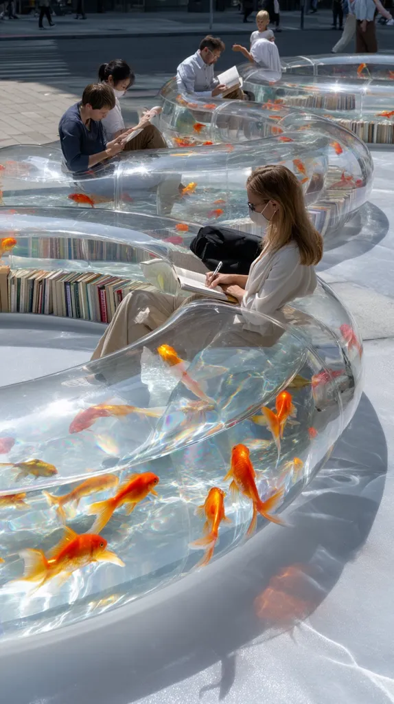 Outdoor seating consists of transparent curved benches filled with goldfish.  People sit on the benches, reading books. The scene is sunny and peaceful, with a modern design.  Books line the base of each bench, adding to the tranquil atmosphere. The goldfish swim freely, creating a unique and calming environment.