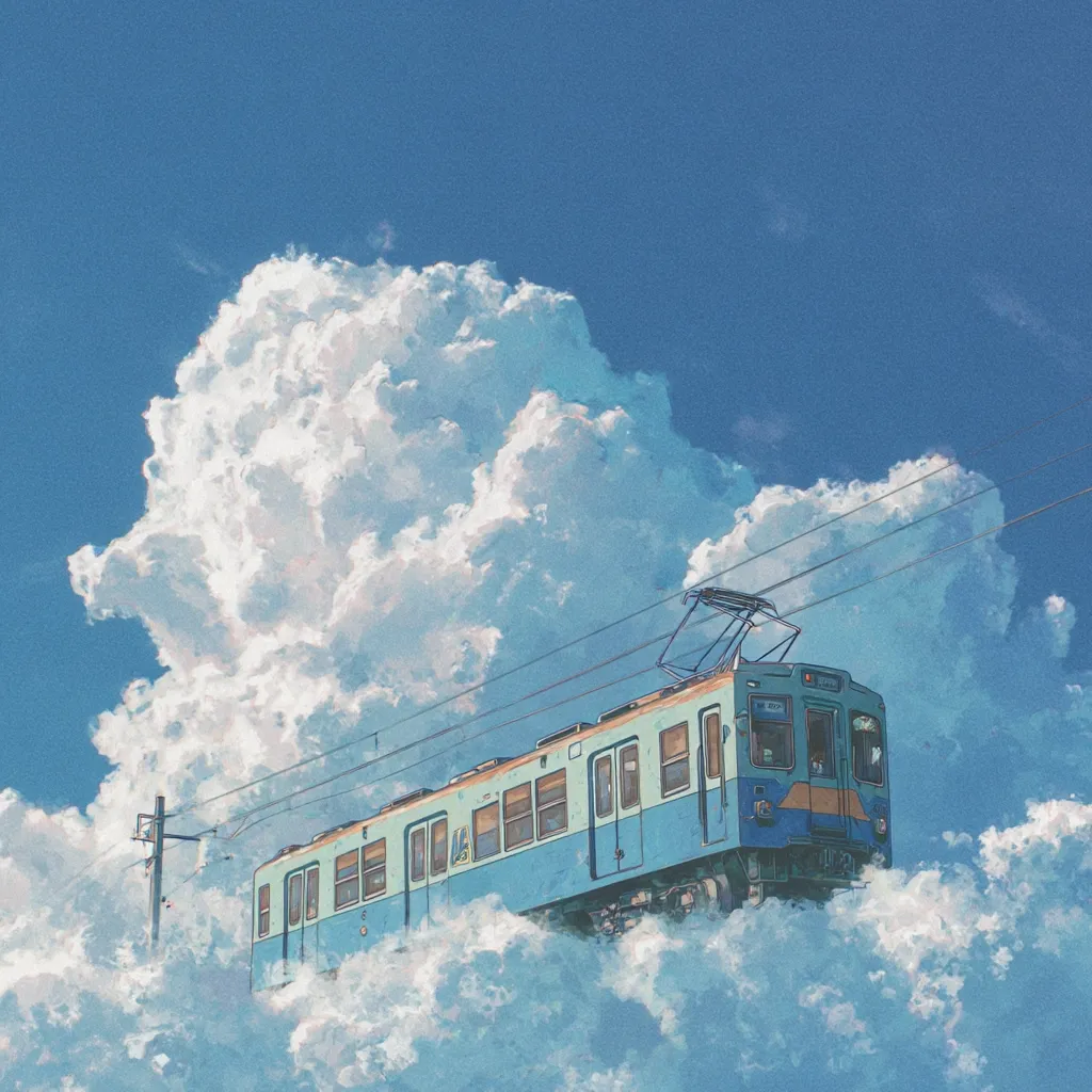 A whimsical illustration depicts a light blue train seemingly floating amidst fluffy white clouds against a clear blue sky.  Overhead power lines connect to the train, adding a surreal element to the scene. The style is reminiscent of dreamy anime art, emphasizing soft colors and a peaceful atmosphere. The overall impression is one of fantasy and tranquility.