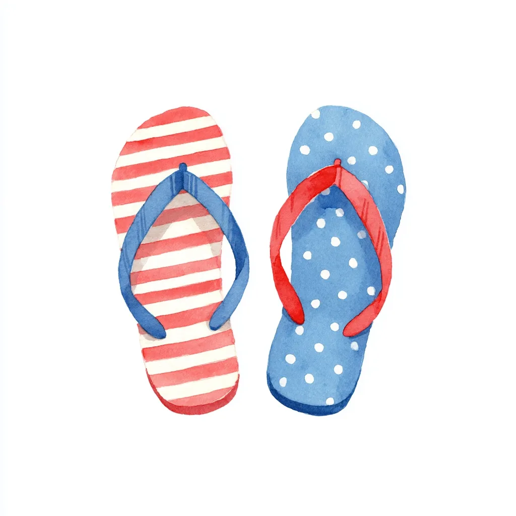 A watercolor painting depicts a pair of flip-flops. One flip-flop features red and white stripes, reminiscent of an American flag, while the other boasts a blue background with white polka dots.  Both have red straps and are positioned against a white backdrop, suggesting a summery or patriotic theme. The style is whimsical and lighthearted.