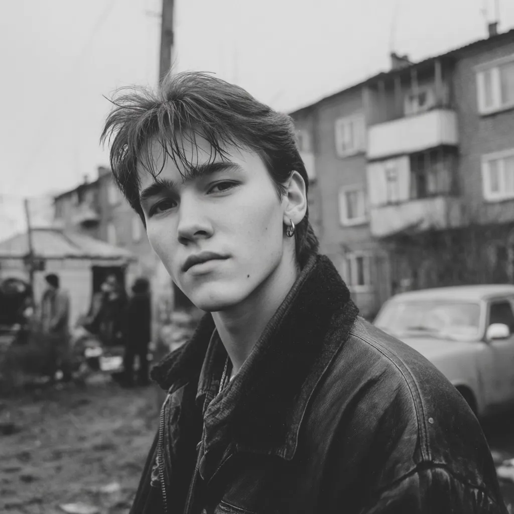 A young man with dark, slightly tousled hair stares intently at the camera. He wears a black leather jacket with a fur collar, a simple earring, and a pensive expression. The background is blurred but shows a grey, overcast day in what appears to be a residential area with older, Soviet-era style buildings.  The overall mood is somber and slightly melancholic.