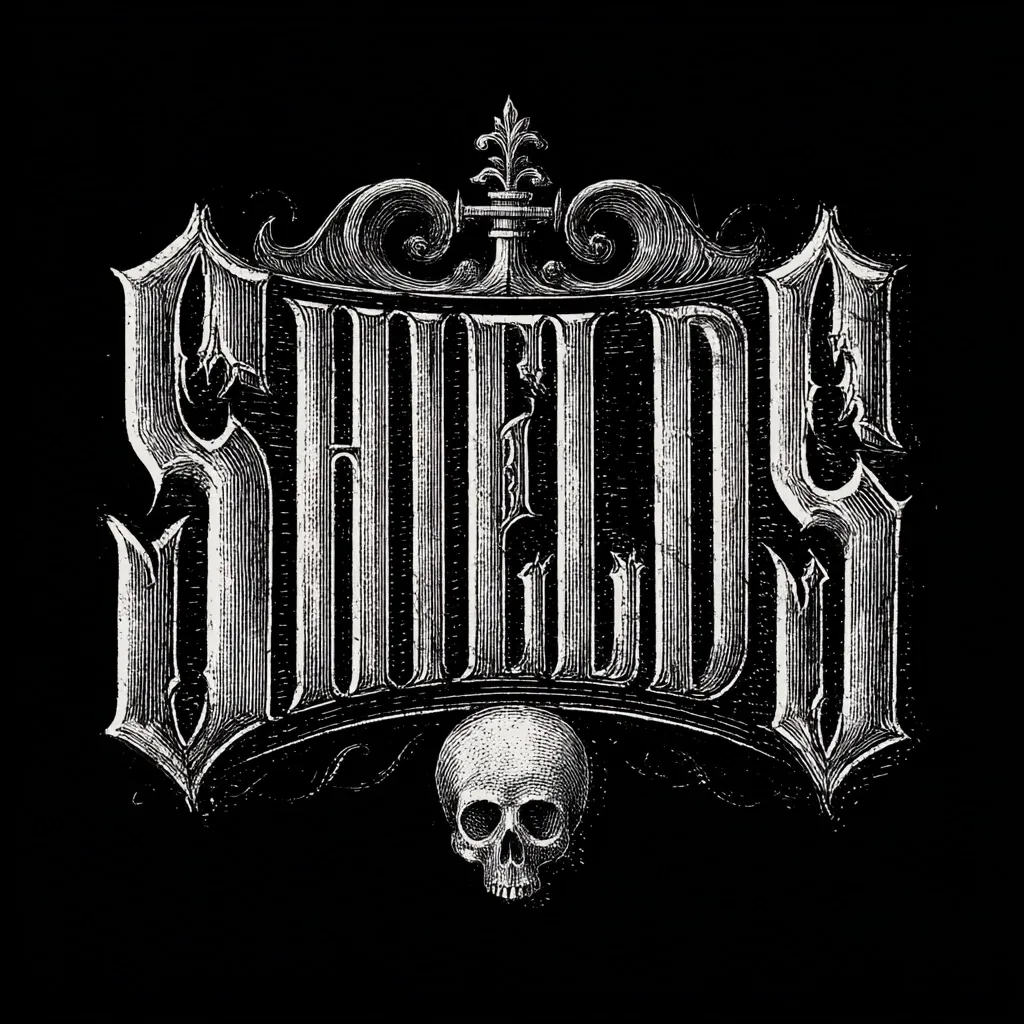 The image showcases an elaborate, hand-drawn design.  The word "SHIELDS" is rendered in a gothic, ornate typeface, featuring sharp serifs and intricate detailing.  Above the word, a decorative flourish in a similar style acts as a crest.  Below, a small skull is depicted, adding a touch of macabre to the otherwise elegant design. The overall effect is dark, artistic, and evocative of a vintage or antique style.