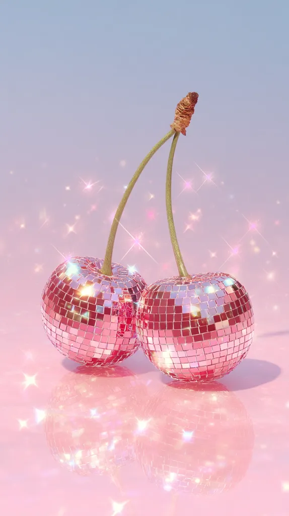 Two cherries, their surfaces mirroring disco balls, are connected by stems against a soft pink and blue backdrop.  Pink sparkles surround the cherries, enhancing their glittering appearance. The overall image evokes a fun, playful, and glamorous aesthetic.  The reflection on the glossy surface below adds to the image's bright and shimmering effect.