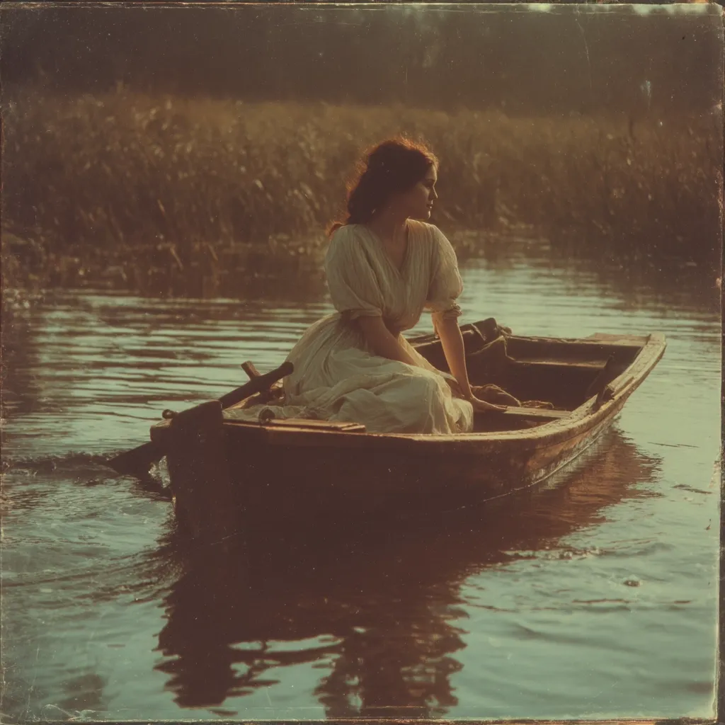 A young woman in a flowing white dress sits serenely in a small wooden boat on a calm river.  The sun casts a warm golden light on the scene, highlighting the tranquil atmosphere.  Reeds line the riverbank, creating a peaceful and picturesque setting. The image evokes a sense of solitude and quiet contemplation.