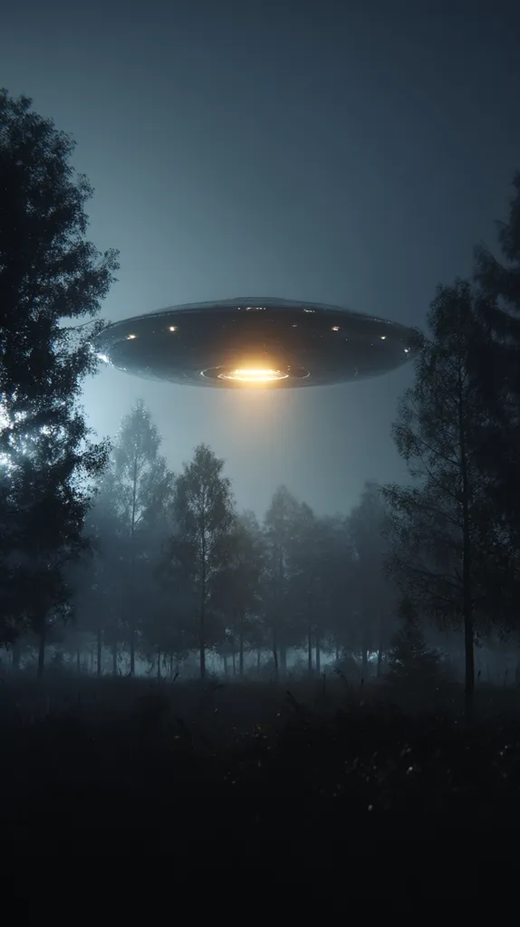 A large, dark, saucer-shaped UFO hovers silently over a misty forest at night.  Tall, shadowy trees surround a dimly lit clearing. The scene is eerie and atmospheric, suggesting a mysterious encounter or otherworldly presence. The UFO's underbelly glows with a faint, warm light, contrasting with the cool tones of the night.  The overall mood is suspenseful and enigmatic.