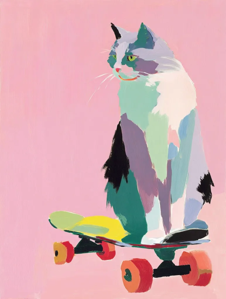 A stylized painting depicts a cat sitting on a skateboard against a pale pink background.  The cat is rendered in bold, abstract brushstrokes of teal, purple, white, and black. The skateboard is similarly painted with bright yellow and green hues.  The overall style is playful and modern, with a focus on color and texture. The cat appears calm and composed, a subtly humorous juxtaposition with the skateboard.