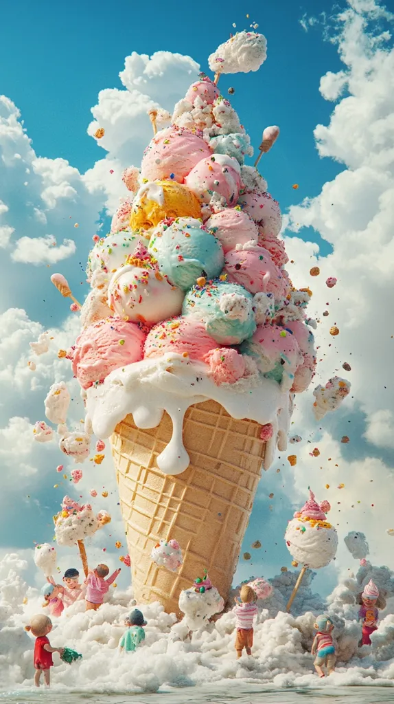 A colossal ice cream cone, overflowing with scoops of pastel-colored ice cream and sprinkles, dominates a whimsical scene.  Tiny children playfully surround its base, nestled in a fluffy, cloud-like landscape.  Bits of ice cream and sprinkles float in the air under a bright blue sky, creating a fantastical, sugary dreamscape.