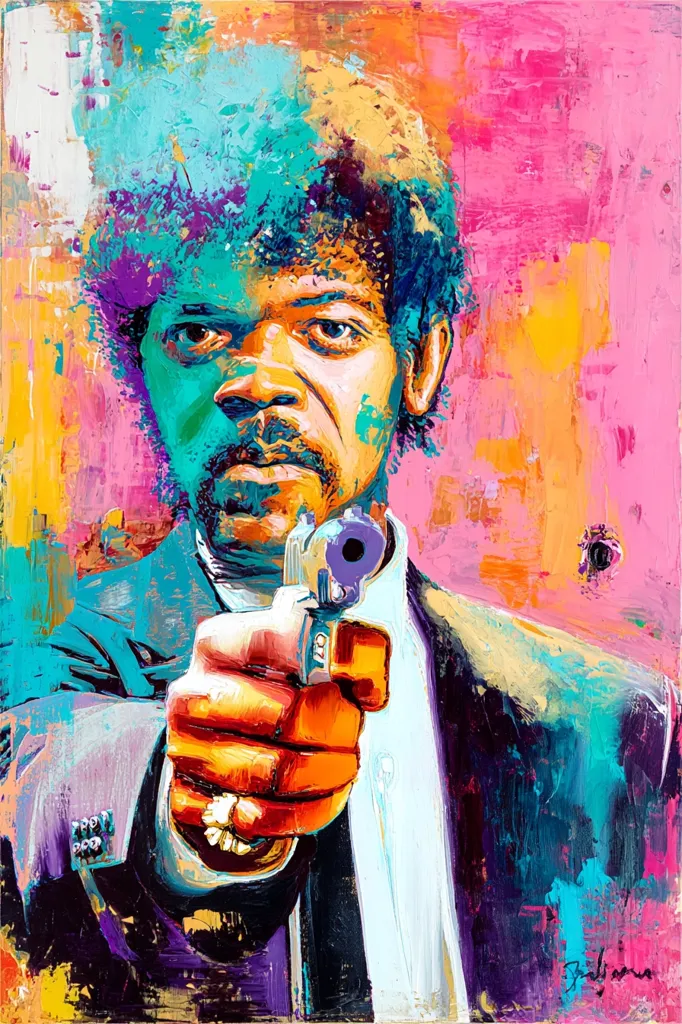 A vibrant, expressionistic portrait of Samuel L. Jackson as Jules Winnfield from Pulp Fiction.  The painting uses bold, contrasting colors of teal, pink, and orange to depict Jackson's iconic character, who is shown pointing a gun directly at the viewer.  The artist's impasto technique creates a textured and dynamic effect, emphasizing the intensity of the scene.  The background is a chaotic explosion of color, mirroring the film's energetic style.