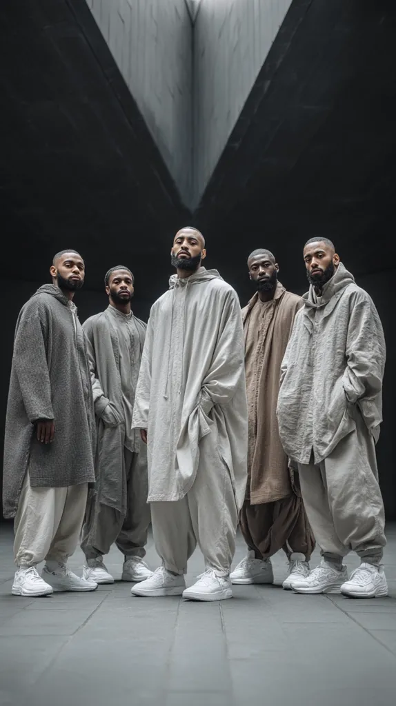 Five men stand in a modern, minimalist setting, dressed in flowing, light-grey and taupe robes. Their attire is uniform, creating a cohesive and serene visual. Each man wears white sneakers, providing a stark contrast against the muted tones of their clothing. The setting appears to be a contemporary architectural space, with stark lines and grey tones.  The image has a calm, almost monastic feel.