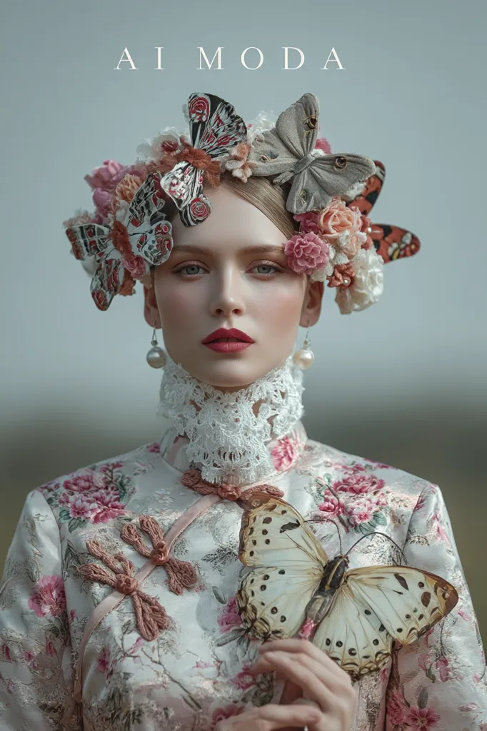 A woman with porcelain skin wears a floral, high-collared qipao adorned with delicate pink knots.  Her head is crowned with a breathtaking arrangement of pink flowers and intricately detailed butterflies.  A large, pale butterfly rests gently in her hands. The overall aesthetic is romantic and ethereal, with a soft, muted color palette.  The word "AIMODA" is subtly displayed above her.
