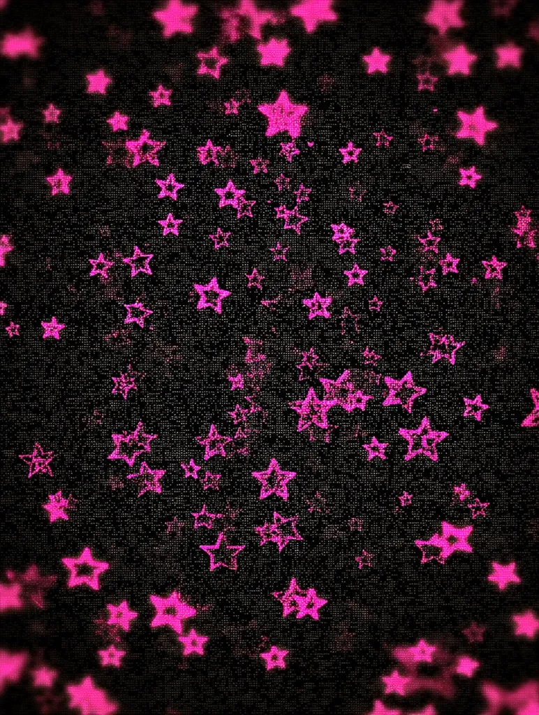 A dark background is scattered with numerous bright pink stars of varying sizes and opacities.  The stars appear to be slightly blurred, creating a bokeh effect.  The overall impression is one of sparkle and a slightly out-of-focus, dreamy aesthetic. The background texture resembles a dark fabric or canvas.