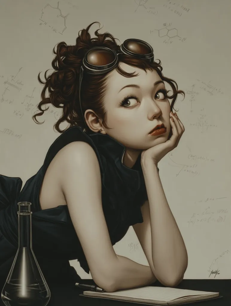 A young woman with dark, curly hair wears goggles and a dark sleeveless top.  She rests her head on her hand, gazing thoughtfully at something off-camera.  The background is filled with scientific formulas and chemical structures, suggesting a scientific or intellectual context.  A flask and notebook are on the table in front of her. The painting style is realistic, with a focus on subtle shading and detail.
