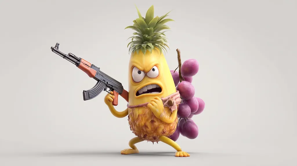 A 3D-rendered image depicts an anthropomorphic pineapple wielding an AK-47 assault rifle.  The pineapple has an angry expression, and a bunch of grapes is strapped to its back. The scene is set against a plain, light gray background, creating a stark contrast with the vibrant colors of the fruit and the weapon. The overall style is humorous yet slightly unsettling.