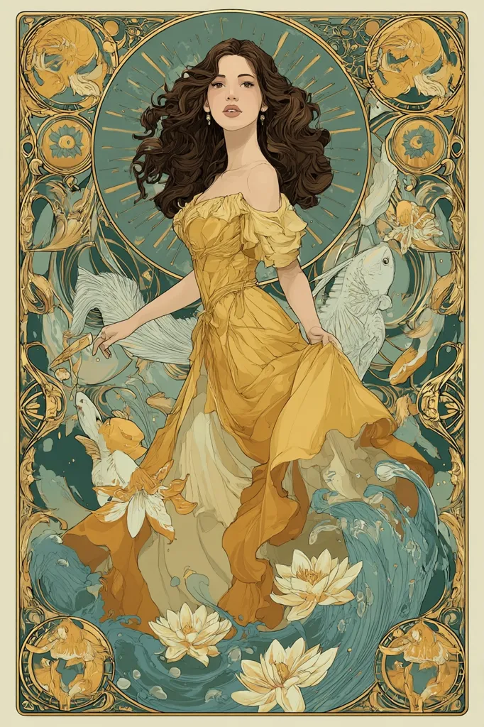 A woman in a flowing yellow gown stands amidst swirling water and lotus flowers.  Her dark brown hair cascades down her shoulders.  The artwork is framed by an ornate Art Nouveau border featuring stylized floral motifs and fish, creating a dreamlike and elegant composition.  The color palette is muted golds, greens, and blues.