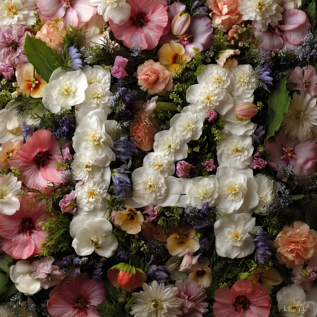A vibrant floral arrangement forms the number fourteen.  White flowers create the numerals, nestled amongst a profusion of pink, peach, and purple blooms.  Various flower types, including hollyhocks, carnations, and smaller wildflowers, are densely packed together, creating a rich, textured background. The image is a study in color and texture, showcasing the beauty of diverse floral species.