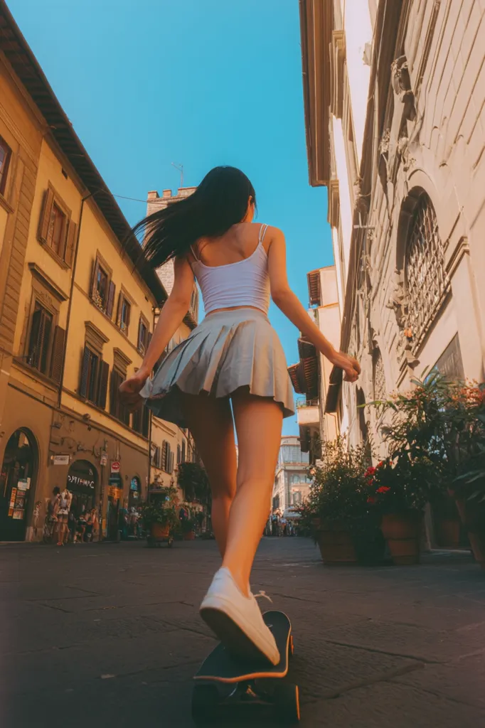 A young woman with long dark hair, wearing a white crop top and pleated gray skirt, skateboards down a sun-drenched street in a charming European city.  Buildings line the street, showcasing traditional architecture. The scene is vibrant and captures a carefree summer vibe.  The photo is taken from a low angle, emphasizing the perspective of the skater.