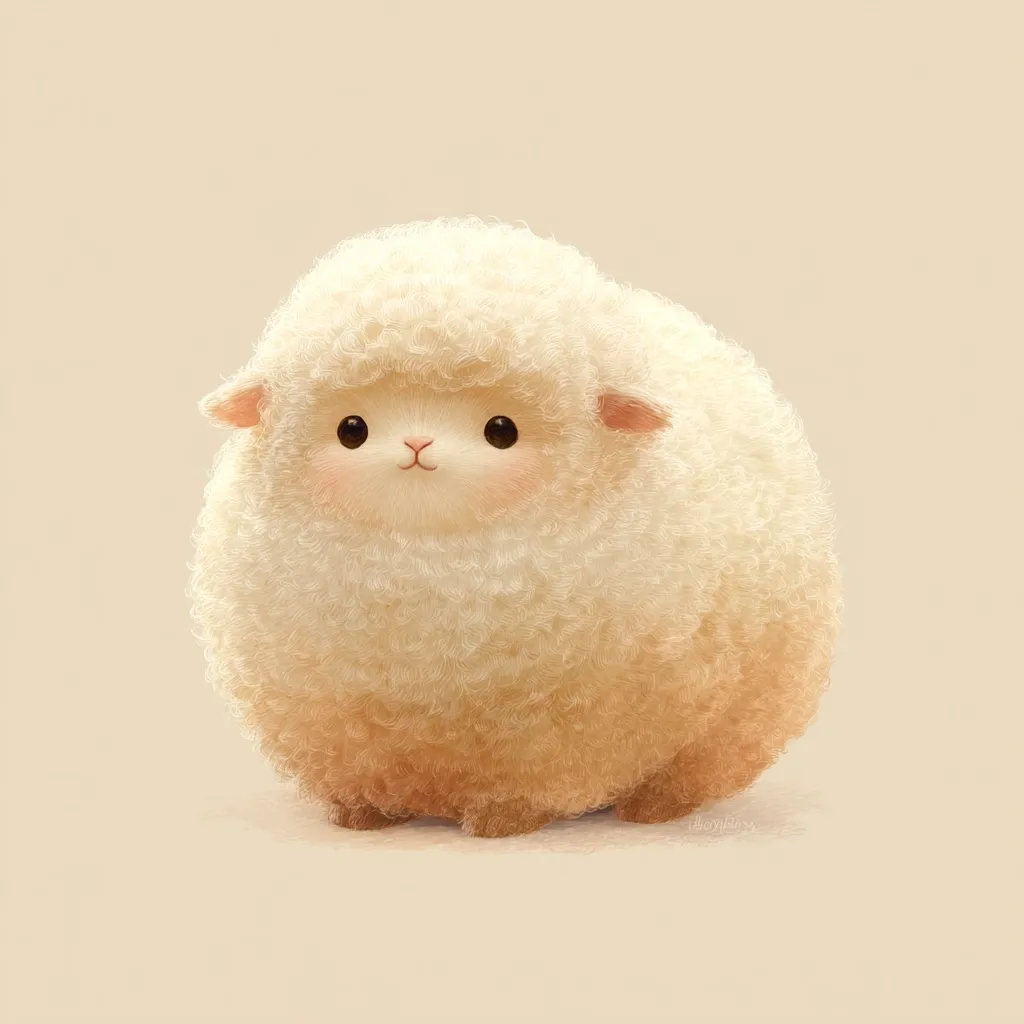 A digitally painted image depicts a fluffy, round lamb.  Its thick, creamy white wool is subtly shaded, giving it a soft, plush appearance.  The lamb's small features are delicately rendered, creating a cute and innocent expression.  The overall style is whimsical and charming, suggesting a childlike innocence.  The background is a simple, pale beige, further emphasizing the lamb's softness.